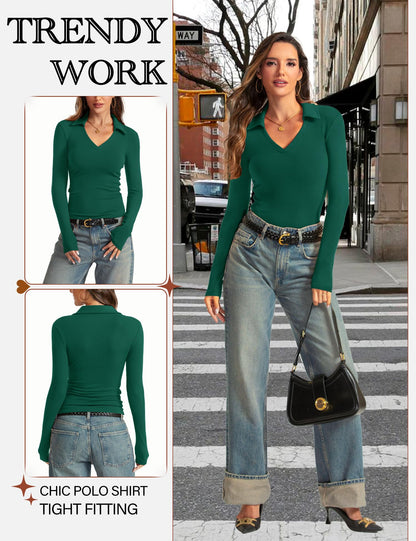 Womens Long Sleeve V Neck Polo Shirts Business Casual Collared Work Top Slim Fitted Basic 2024 Fall Shirt