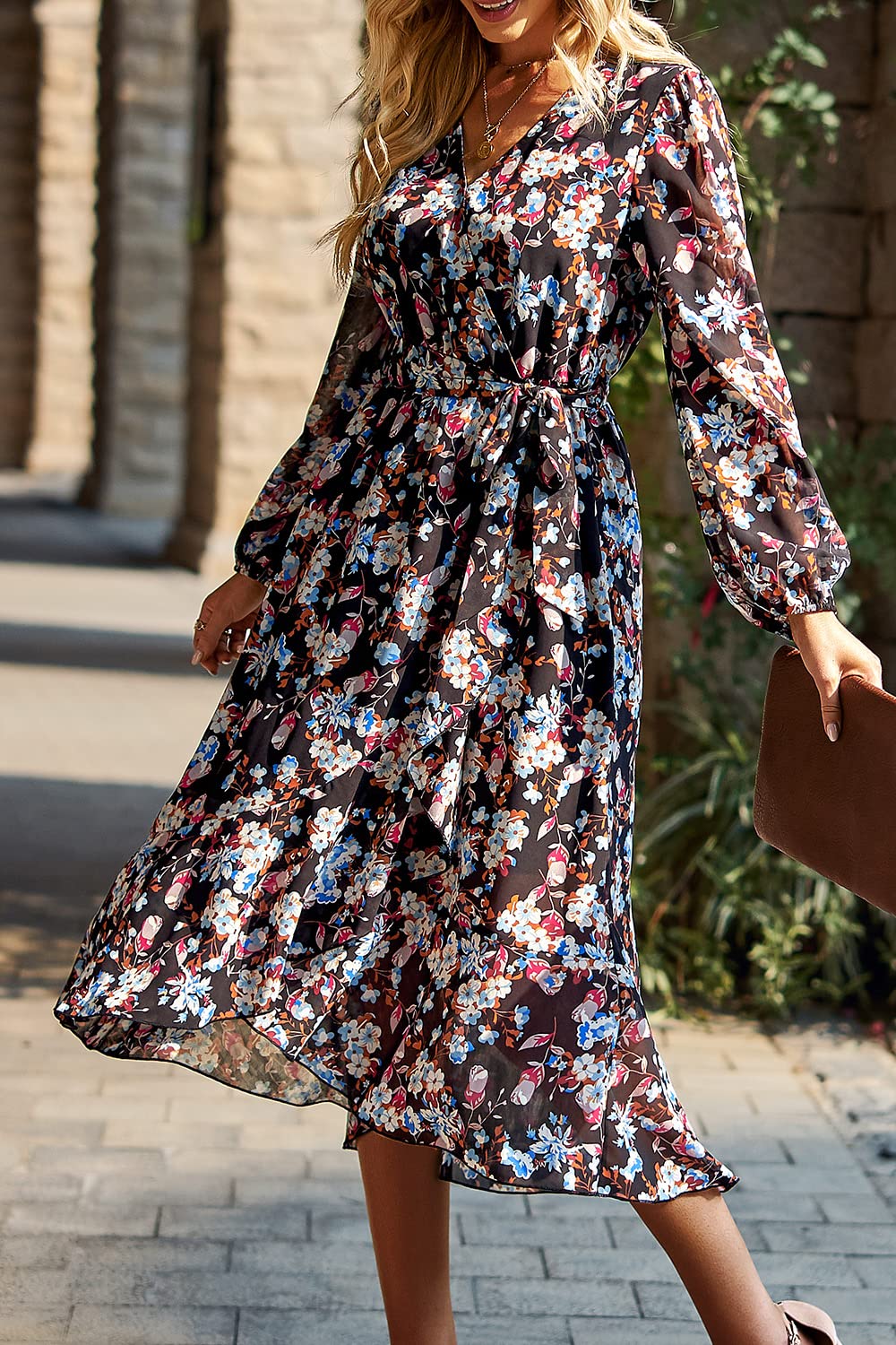 PRETTYGARDEN Women's Floral Print Boho Dress Long Sleeve Wrap V Neck Ruffle Belted A-Line Flowy Maxi Dresses