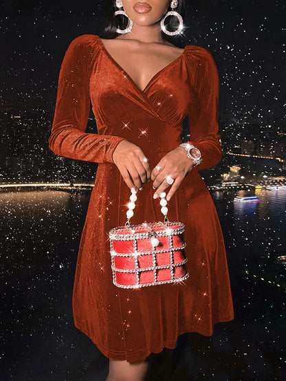 Sexyasasii Womens Wrap V Neck Long Sleeve Velvet Glitter A Line Cocktail Party Swing Fit and Flare Skater Mini Dress