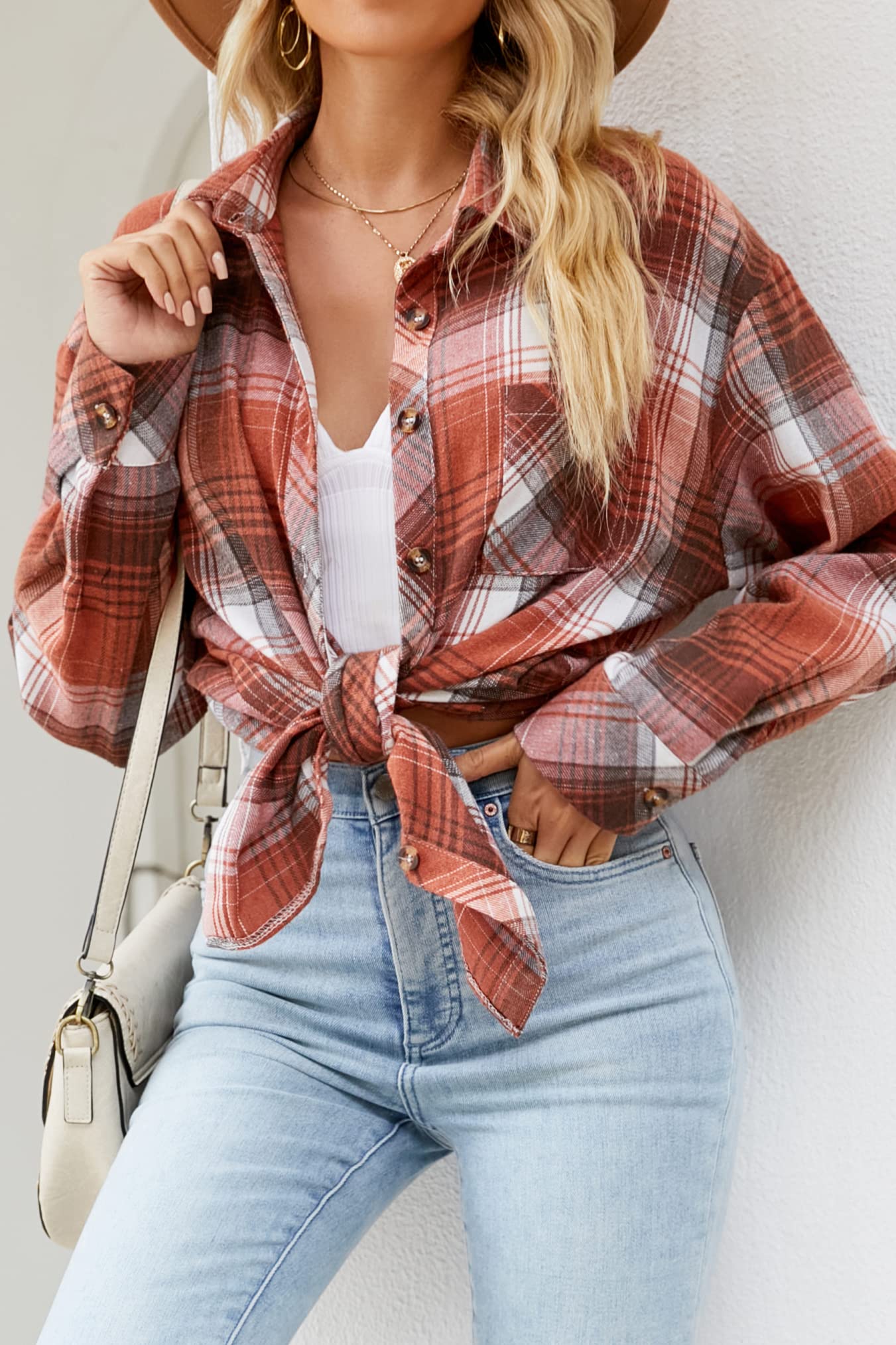 CHYRII Womens Button Down Flannel Shirts Long Sleeve Plaid Shackets Business Casual Blouse Top