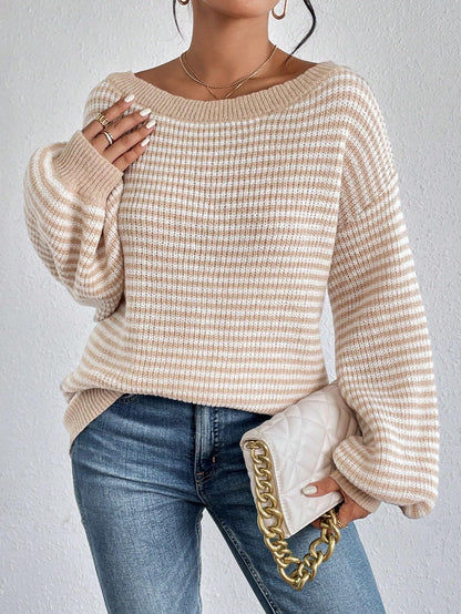 SOLY HUX Women's Off The Shoulder Striped Sweaters Oversized Long Sleeve Knit Pullover Tops