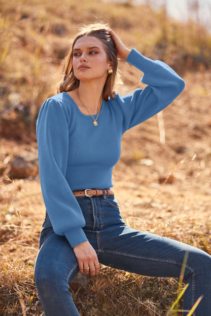 MASCOMODA Long Puff Sleeve Sweaters for Women 2024 Fall Winter Crewneck Knit Ribbed Bodysuit Pullover Tops