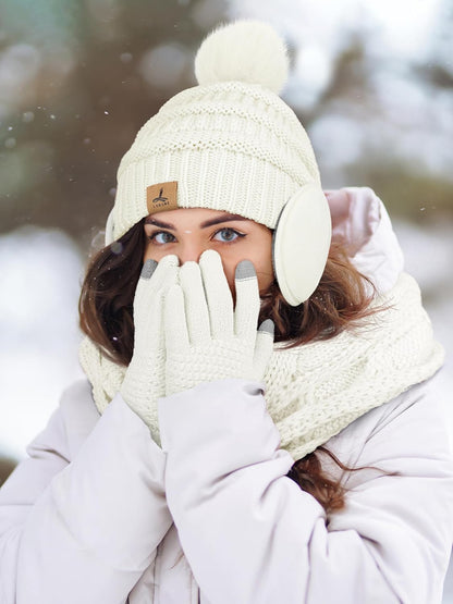 Winter Hat Scarf Gloves and Ear Warmer, Warm Knit Beanie Hat Touch Screen Gloves Set Winter Gifts Neck Scarves for Women