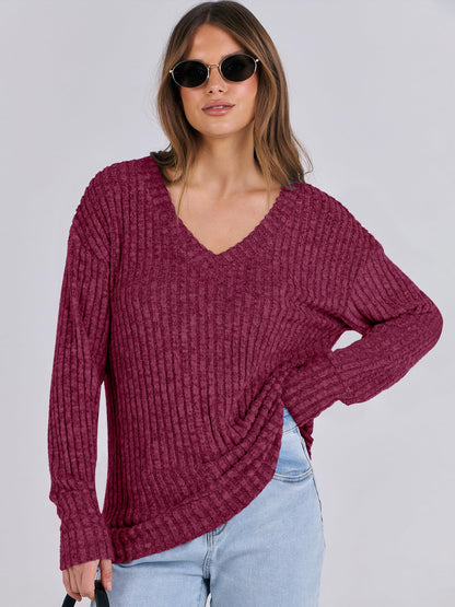 ANRABESS Long Sleeve Shirts for Women V Neck Casual Fall Tops Loose Fit Lightweight Sweaters Tunic Fashion 2024 Clothes