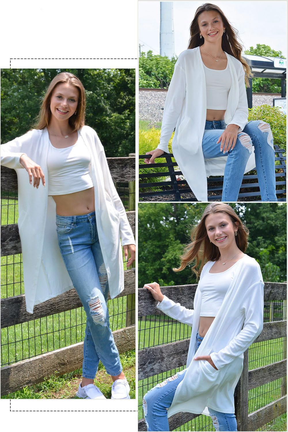 OUGES Women's Open Front Cardigan Shirt with Pockets Long Sleeve Lightweight Coat