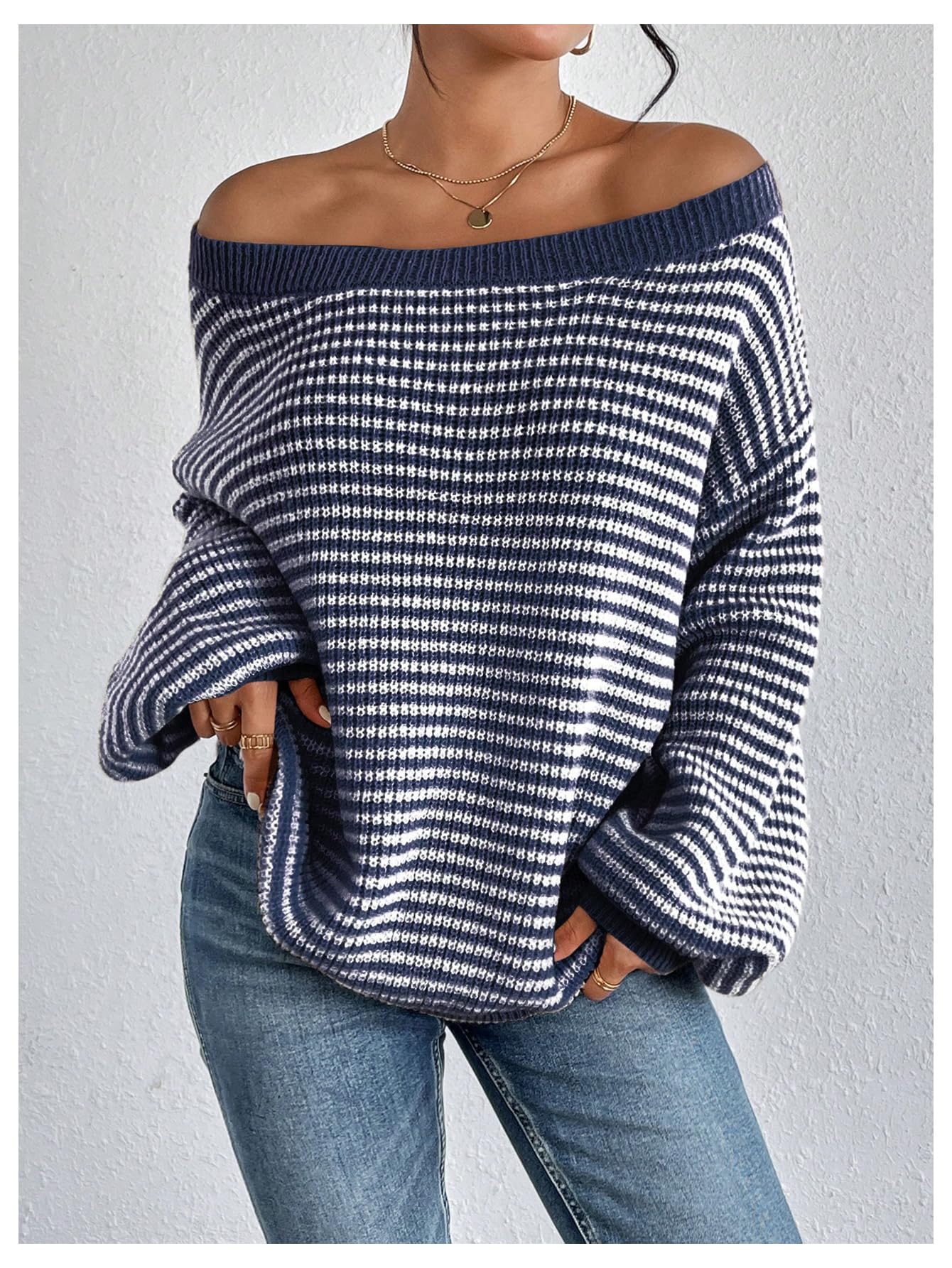 SOLY HUX Women's Off The Shoulder Striped Sweaters Oversized Long Sleeve Knit Pullover Tops