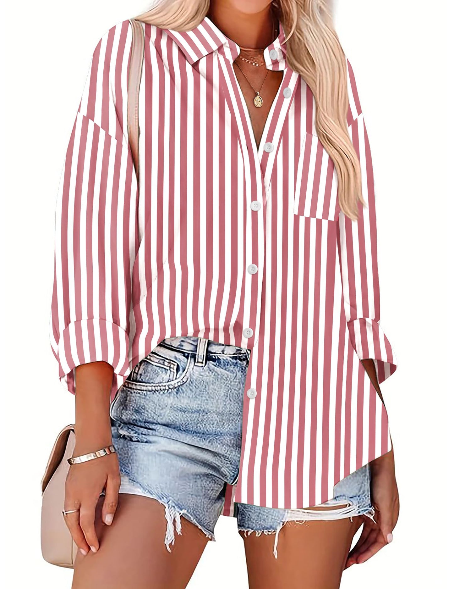 HOTOUCH Women Oversized Button Down Shirts Office Drop Shoulder Blouse Long Sleeve Boyfriend Dress Shirt with Pockets