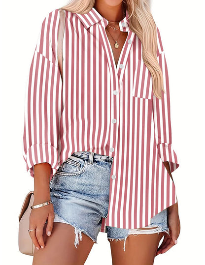 HOTOUCH Women Oversized Button Down Shirts Office Drop Shoulder Blouse Long Sleeve Boyfriend Dress Shirt with Pockets