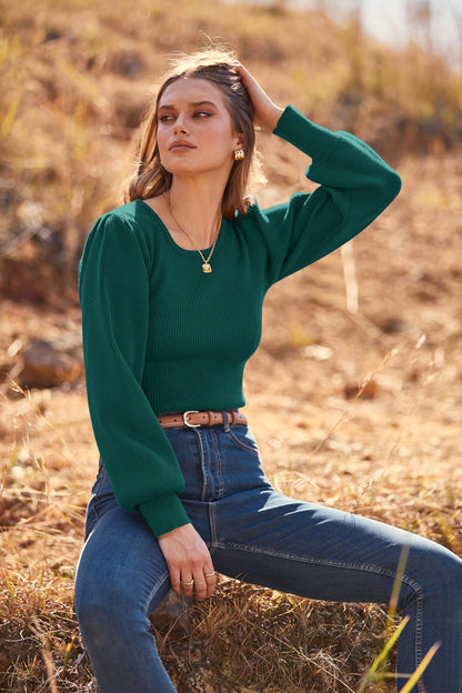 MASCOMODA Long Puff Sleeve Sweaters for Women 2024 Fall Winter Crewneck Knit Ribbed Bodysuit Pullover Tops