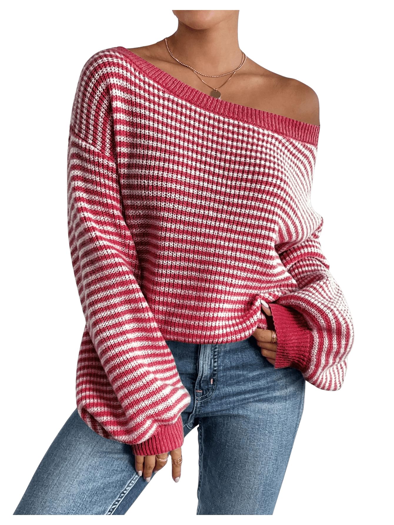 SOLY HUX Women's Off The Shoulder Striped Sweaters Oversized Long Sleeve Knit Pullover Tops