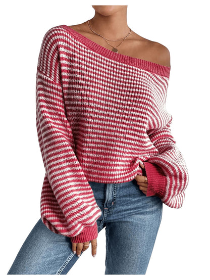 SOLY HUX Women's Off The Shoulder Striped Sweaters Oversized Long Sleeve Knit Pullover Tops
