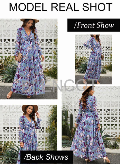 BLENCOT Womens Casual Boho Deep V Neck Short Sleeve Long Dress