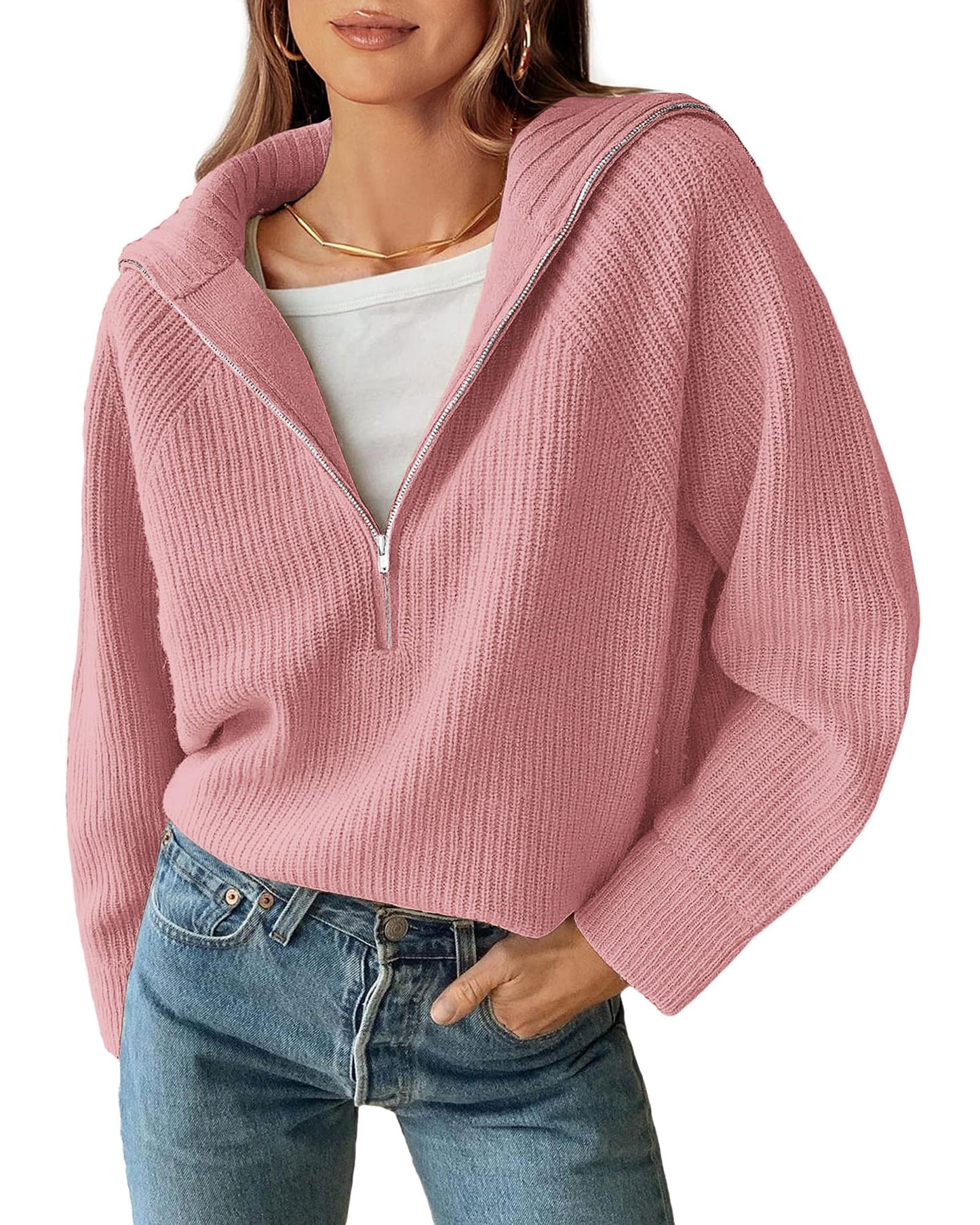 BTFBM Women’s Casual Long Sleeve Half Zip Pullover Sweaters Solid V Neck Collar Ribbed Knitted Loose Slouchy Jumper Tops