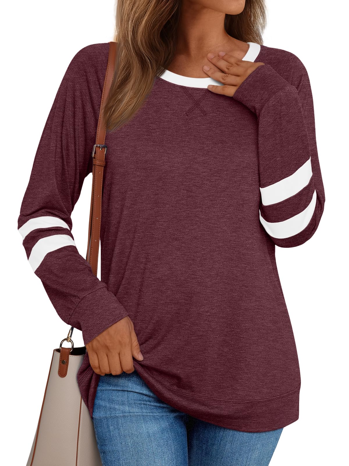 AUTOMET Womens Long Sleeve Shirts Color Block Casual Crewneck Tops Tshirt Basic Tees Fall Fashion Clothes Trendy Outfits