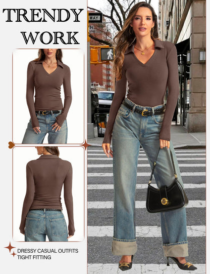 Womens Long Sleeve V Neck Polo Shirts Business Casual Collared Work Top Slim Fitted Basic 2024 Fall Shirt