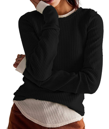 Women's Waffle Knit Tops Long Sleeve Shirts Slim Fitted Pullover Crewneck Shirt Fall Winter Tops 2024