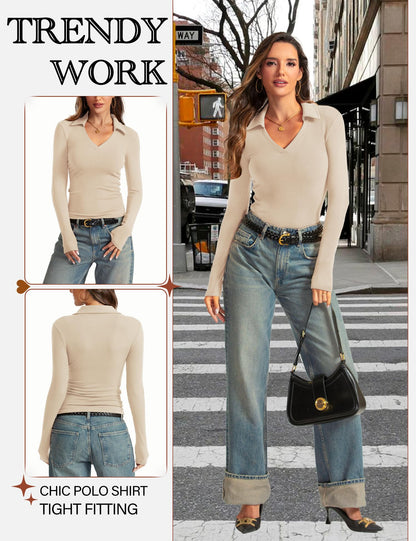 Womens Long Sleeve V Neck Polo Shirts Business Casual Collared Work Top Slim Fitted Basic 2024 Fall Shirt