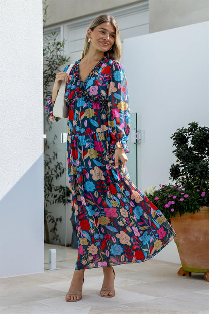 BLENCOT Womens Casual Boho Deep V Neck Short Sleeve Long Dress