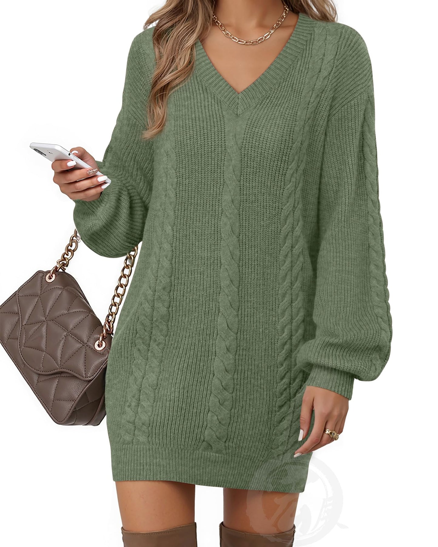 Women's Pullovers Jumper Sweaters Lantern Sleeve Casual V Neck Fall Knit Mini Sweater Dresses