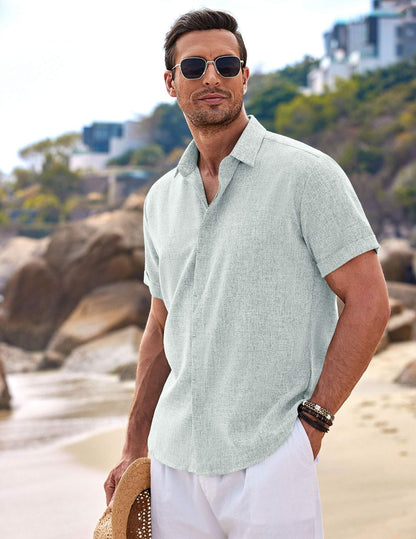COOFANDY Men's Linen Shirts Short Sleeve Casual Shirts Button Down Shirt for Men Beach Summer Wedding Shirt
