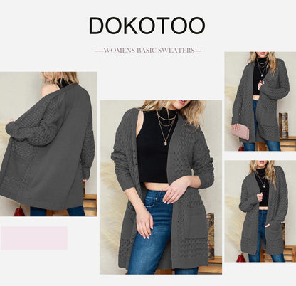 Dokotoo Women's 2024 Fashion Casual Open Front Long Sleeve Chunky Cable Knit Cardigans Sweaters Outerwear Coats with Pockets
