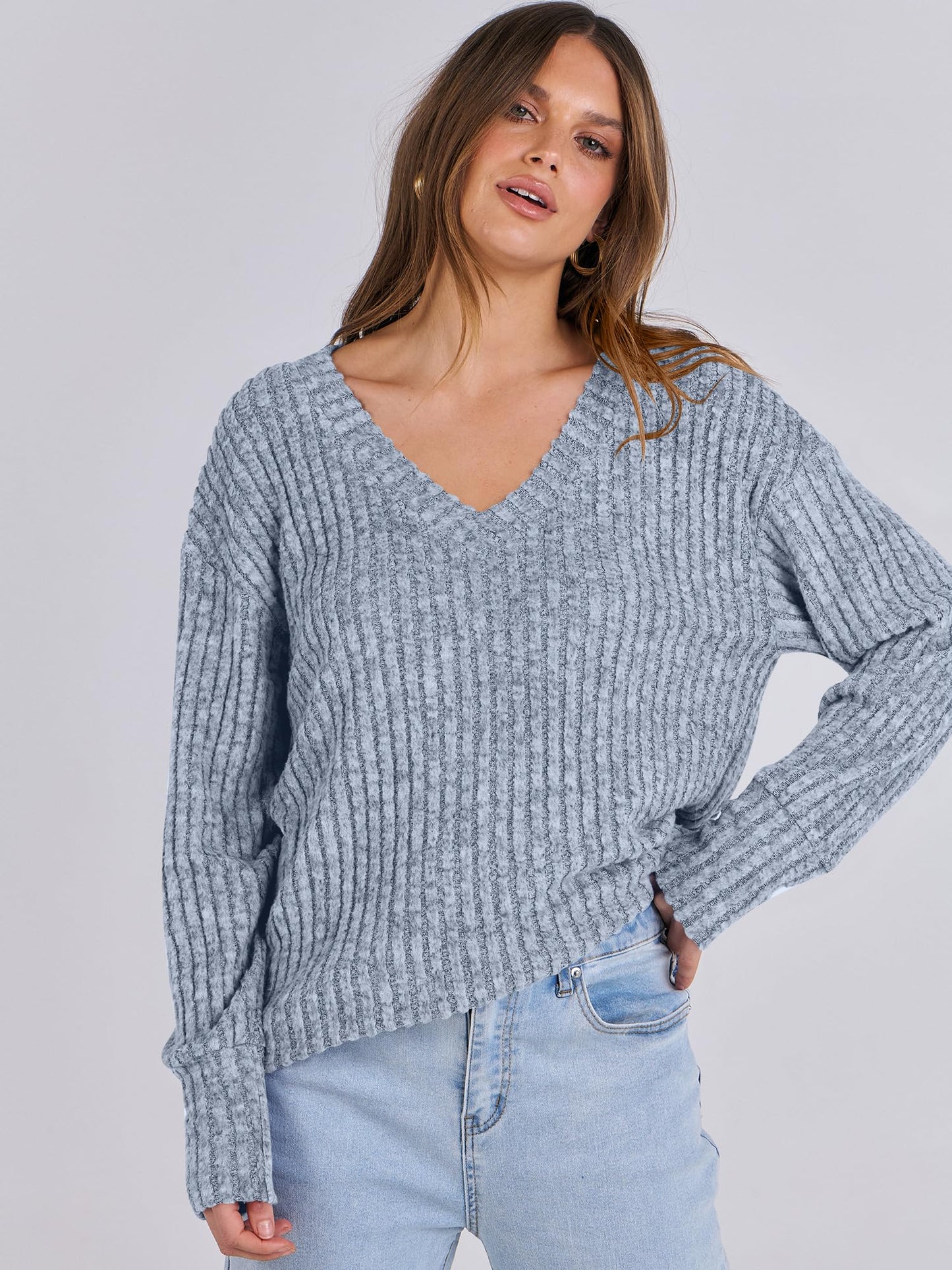 ANRABESS Long Sleeve Shirts for Women V Neck Casual Fall Tops Loose Fit Lightweight Sweaters Tunic Fashion 2024 Clothes
