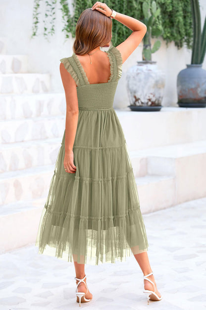 PRETTYGARDEN Women's 2024 Summer Midi Dress Casual Sleeveless Smocked Ruffle Tulle Flowy Party Wedding Guest Sundress