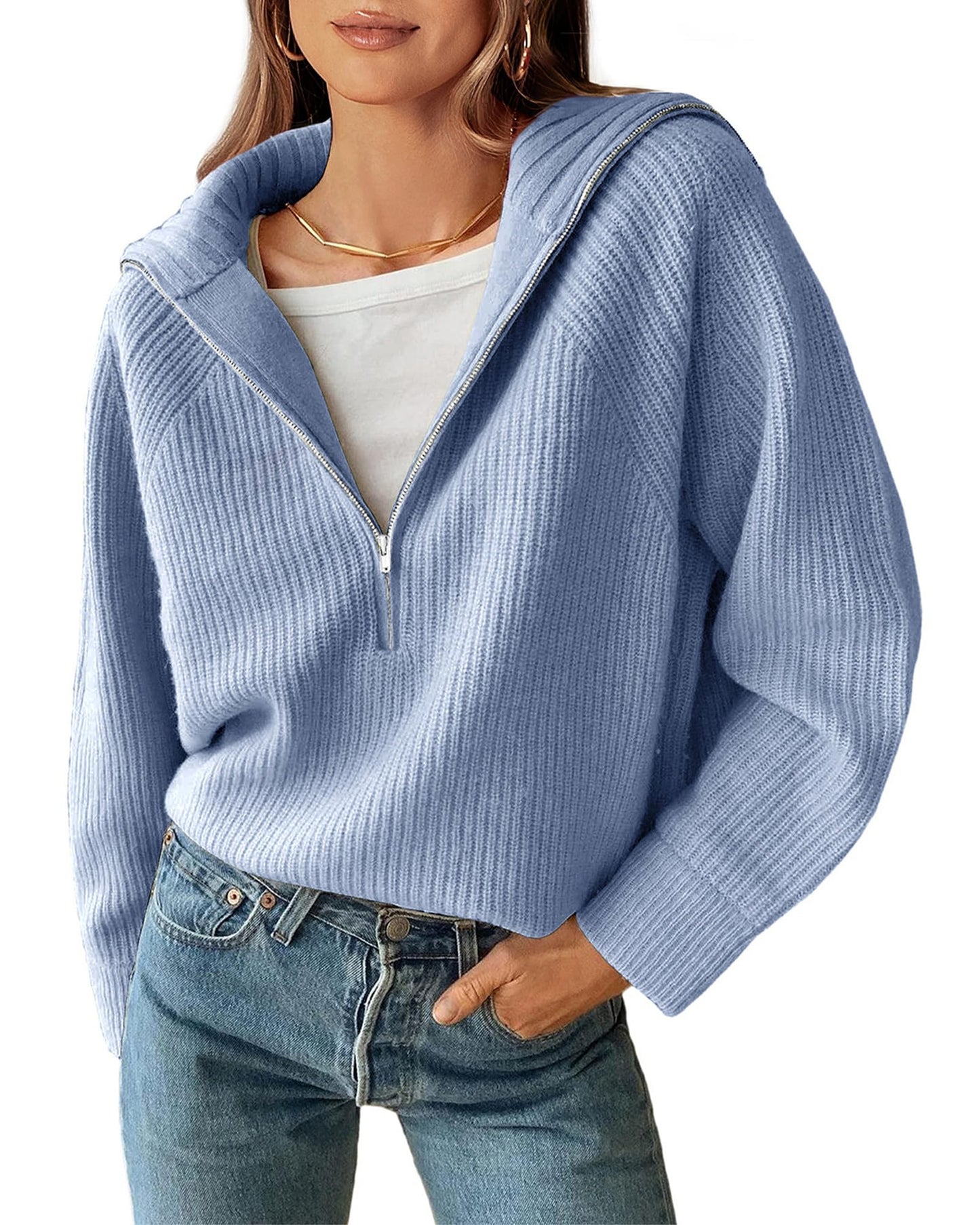BTFBM Women’s Casual Long Sleeve Half Zip Pullover Sweaters Solid V Neck Collar Ribbed Knitted Loose Slouchy Jumper Tops