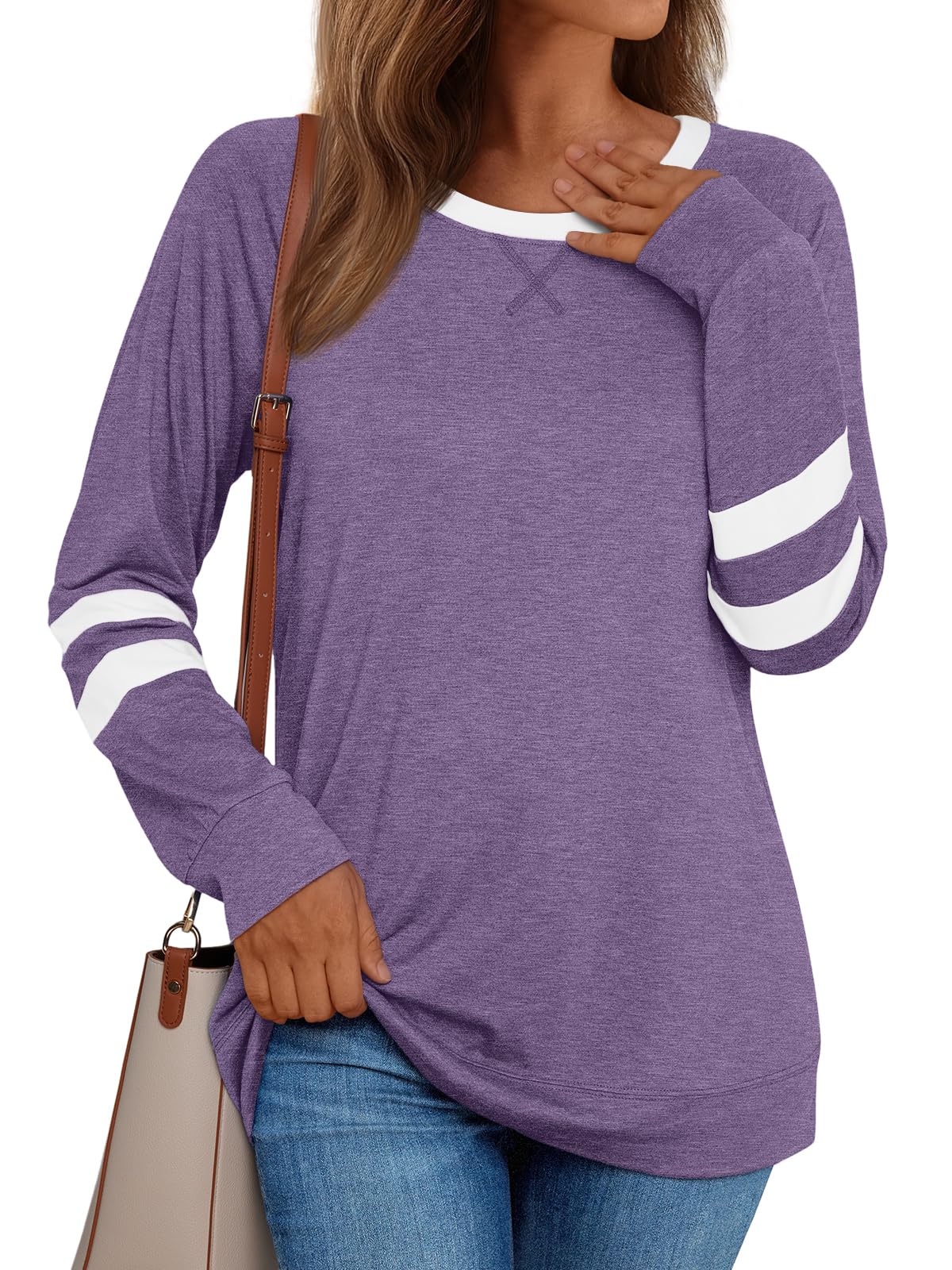 AUTOMET Womens Long Sleeve Shirts Color Block Casual Crewneck Tops Tshirt Basic Tees Fall Fashion Clothes Trendy Outfits