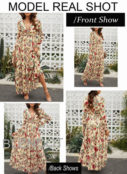 BLENCOT Womens Casual Boho Deep V Neck Short Sleeve Long Dress