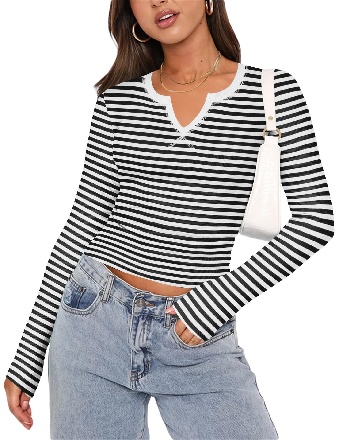 Zeagoo Womens Long Sleeve Shirts V-Neck Slim Fitted Knit Top Stretch Ribbed Basic Tee Casual Y2k Going Out T-Shirt