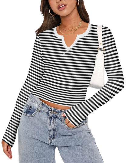 Zeagoo Womens Long Sleeve Shirts V-Neck Slim Fitted Knit Top Stretch Ribbed Basic Tee Casual Y2k Going Out T-Shirt