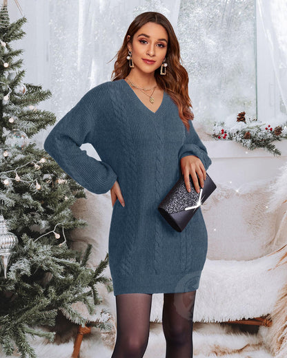 Women's Pullovers Jumper Sweaters Lantern Sleeve Casual V Neck Fall Knit Mini Sweater Dresses