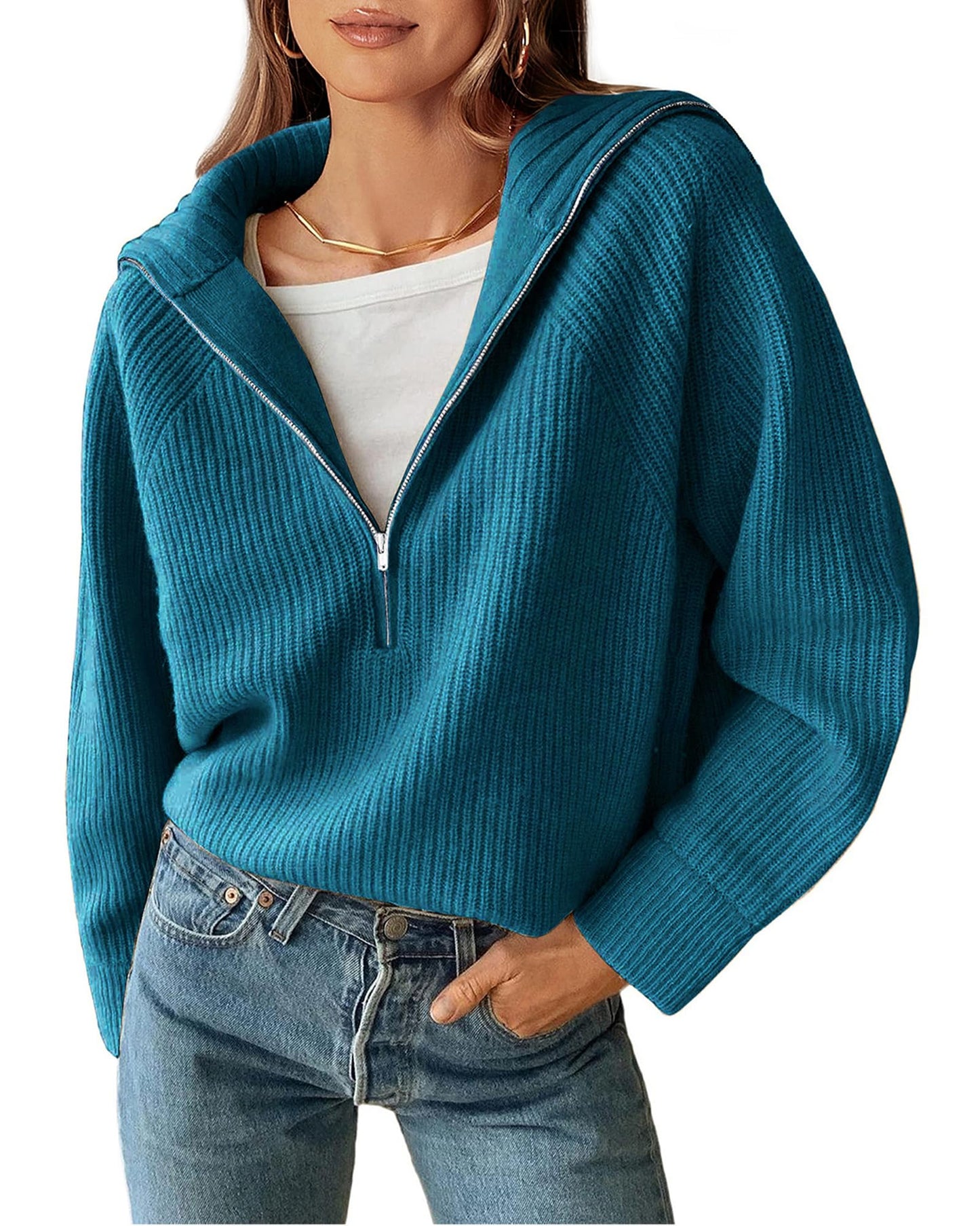 BTFBM Women’s Casual Long Sleeve Half Zip Pullover Sweaters Solid V Neck Collar Ribbed Knitted Loose Slouchy Jumper Tops