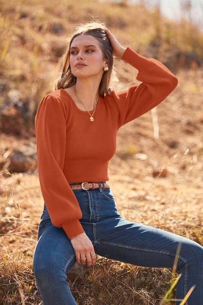 MASCOMODA Long Puff Sleeve Sweaters for Women 2024 Fall Winter Crewneck Knit Ribbed Bodysuit Pullover Tops