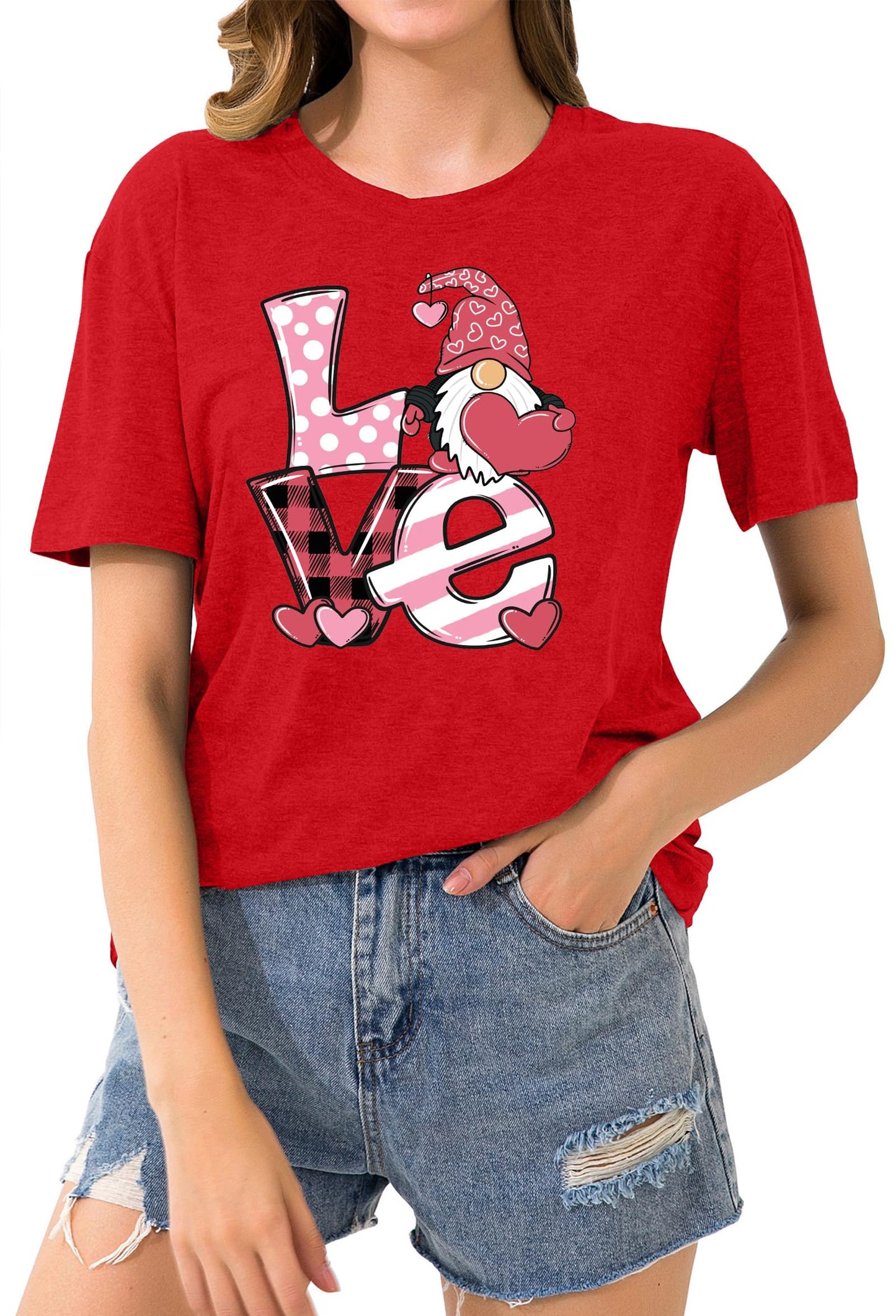 Valentine's Day Shirt for Womens Cute Gnomes T-Shirt Love Heart Printed Shirts Short Sleeve Graphic Tees Tops