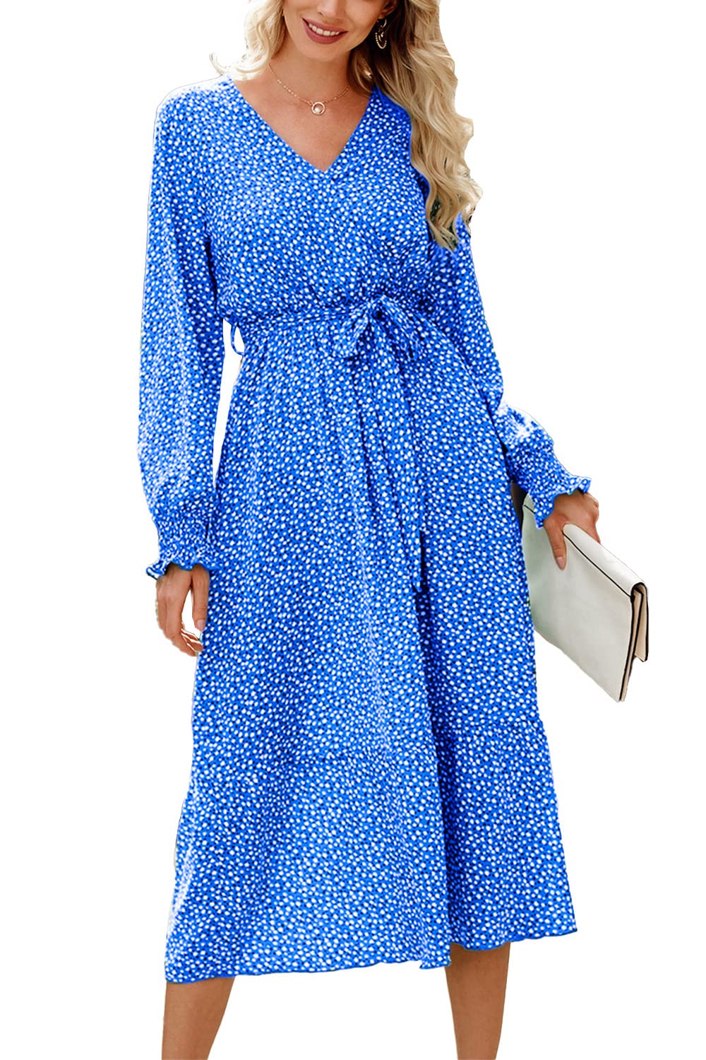 PRETTYGARDEN Women's Floral Print Boho Dress Long Sleeve Wrap V Neck Ruffle Belted A-Line Flowy Maxi Dresses