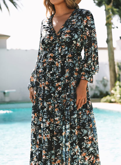 BLENCOT Womens Casual Boho Deep V Neck Short Sleeve Long Dress