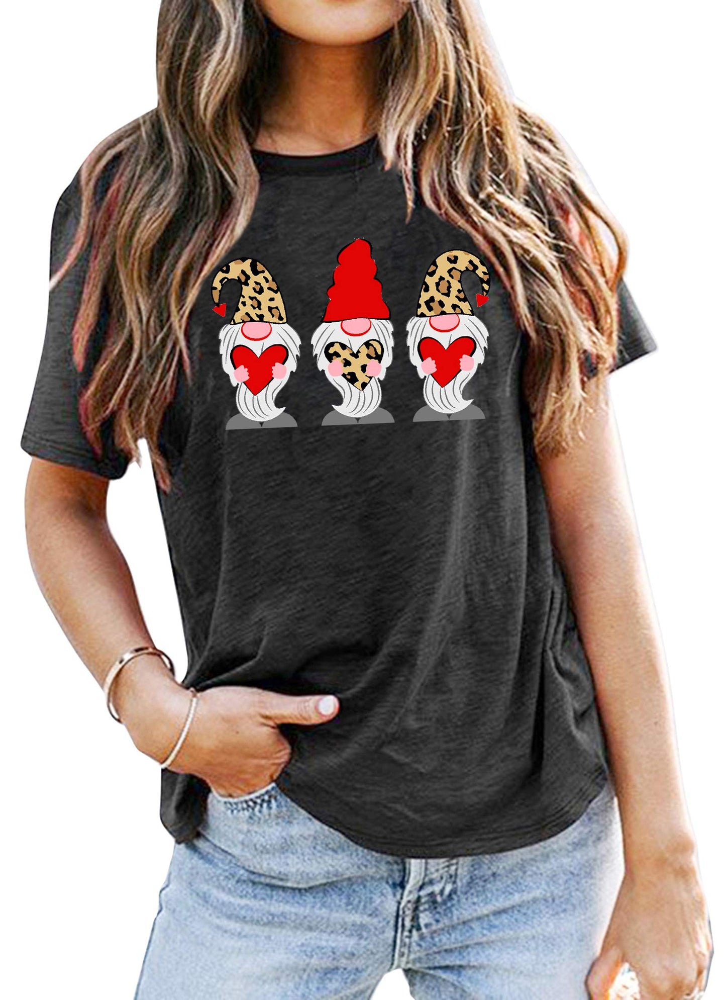Valentine's Day Shirt for Womens Cute Gnomes T-Shirt Love Heart Printed Shirts Short Sleeve Graphic Tees Tops
