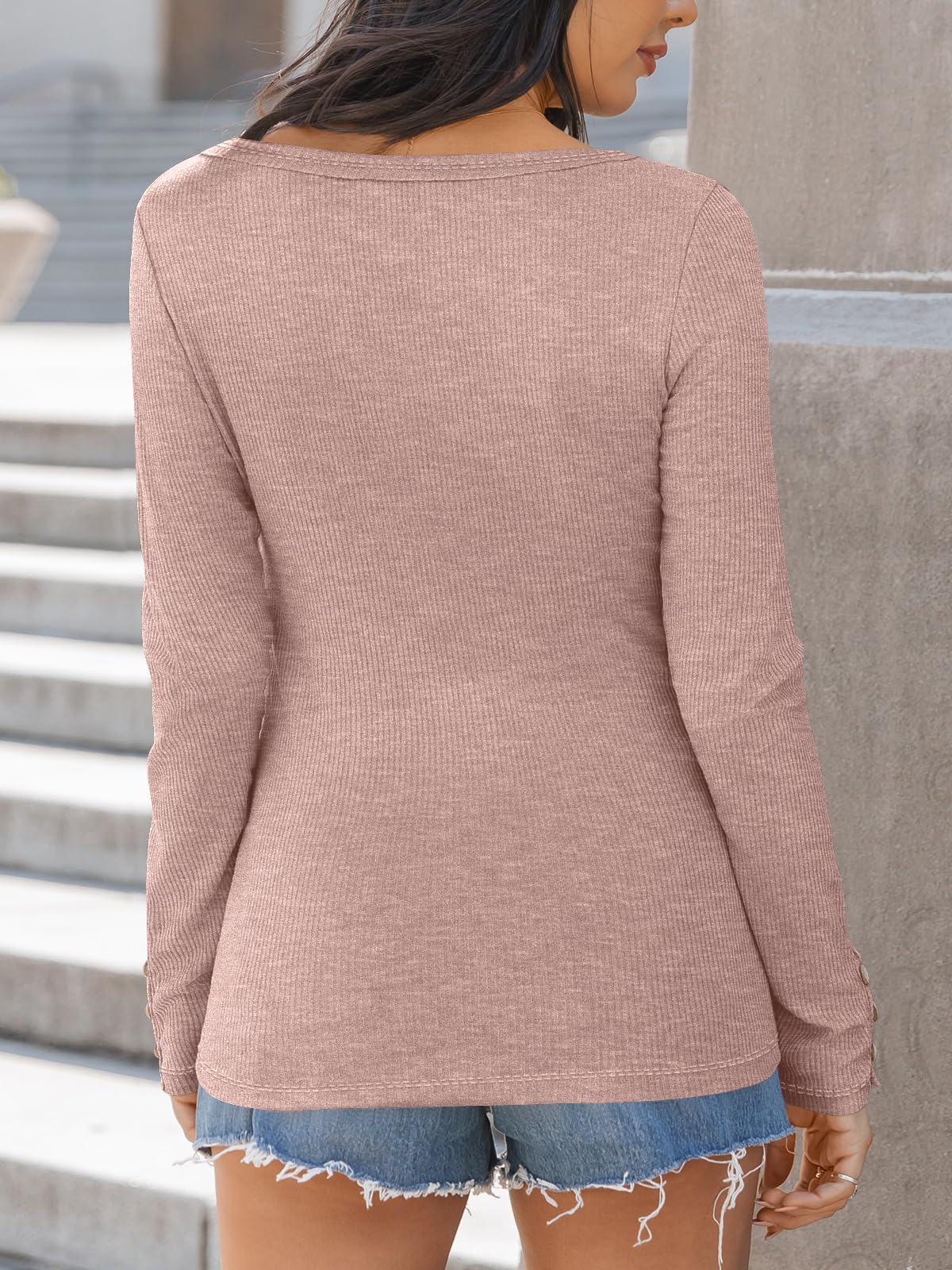 Kissfix Womens Long Sleeve Shirts Going Out Fall Clothes Casual Henley Tops Ribbed Knit Blouses Fashion Trendy Outfits