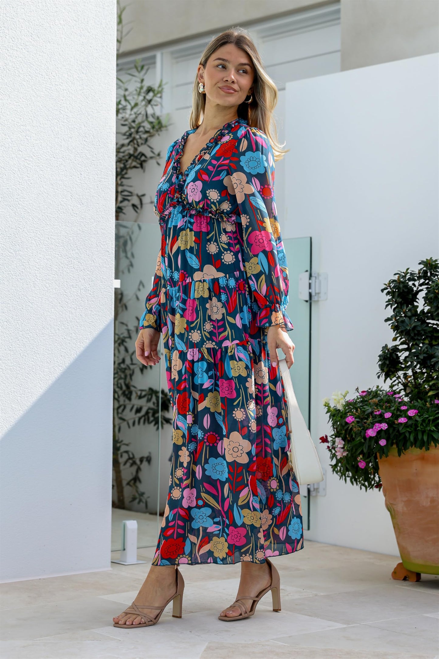BLENCOT Womens Casual Boho Deep V Neck Short Sleeve Long Dress