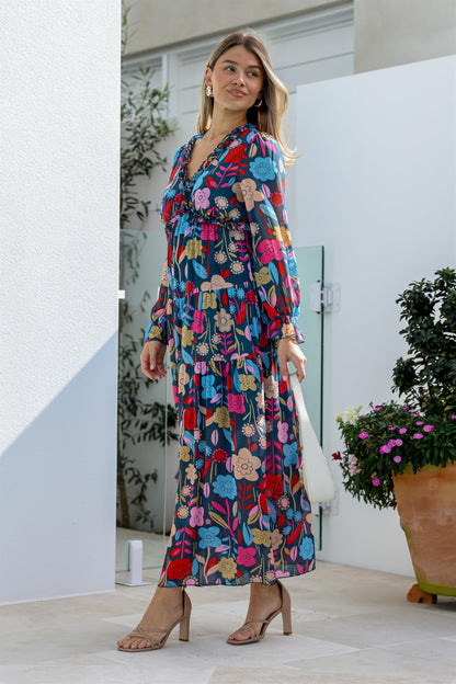 BLENCOT Womens Casual Boho Deep V Neck Short Sleeve Long Dress