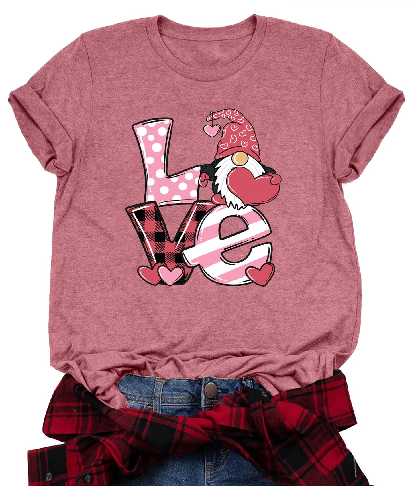 Valentine's Day Shirt for Womens Cute Gnomes T-Shirt Love Heart Printed Shirts Short Sleeve Graphic Tees Tops