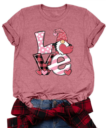 Valentine's Day Shirt for Womens Cute Gnomes T-Shirt Love Heart Printed Shirts Short Sleeve Graphic Tees Tops