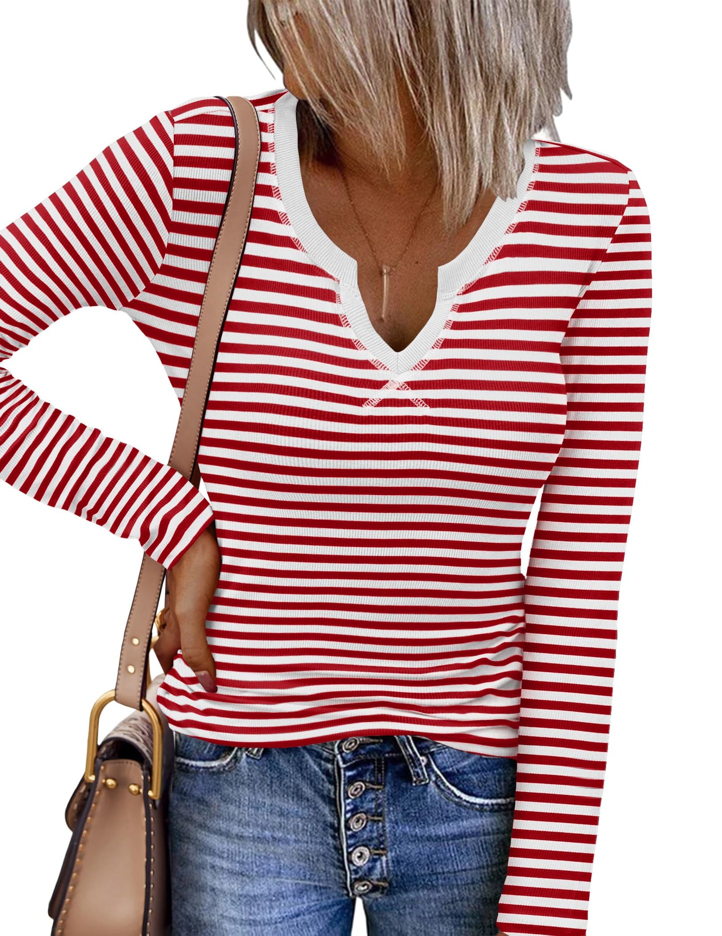 Zeagoo Womens Long Sleeve Shirts V-Neck Slim Fitted Knit Top Stretch Ribbed Basic Tee Casual Y2k Going Out T-Shirt