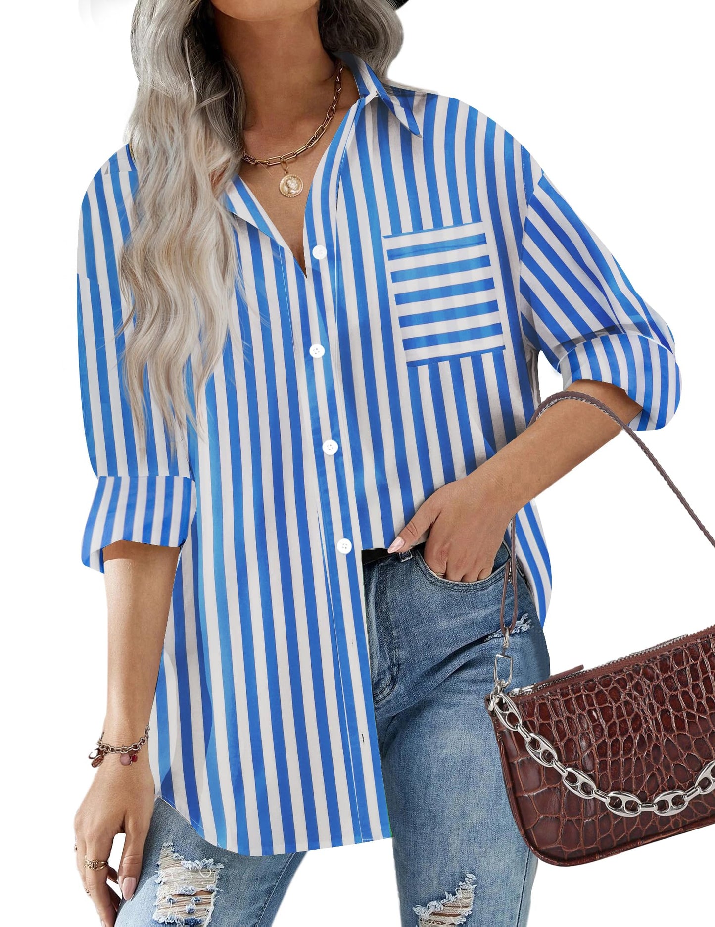 HOTOUCH Women Oversized Button Down Shirts Office Drop Shoulder Blouse Long Sleeve Boyfriend Dress Shirt with Pockets