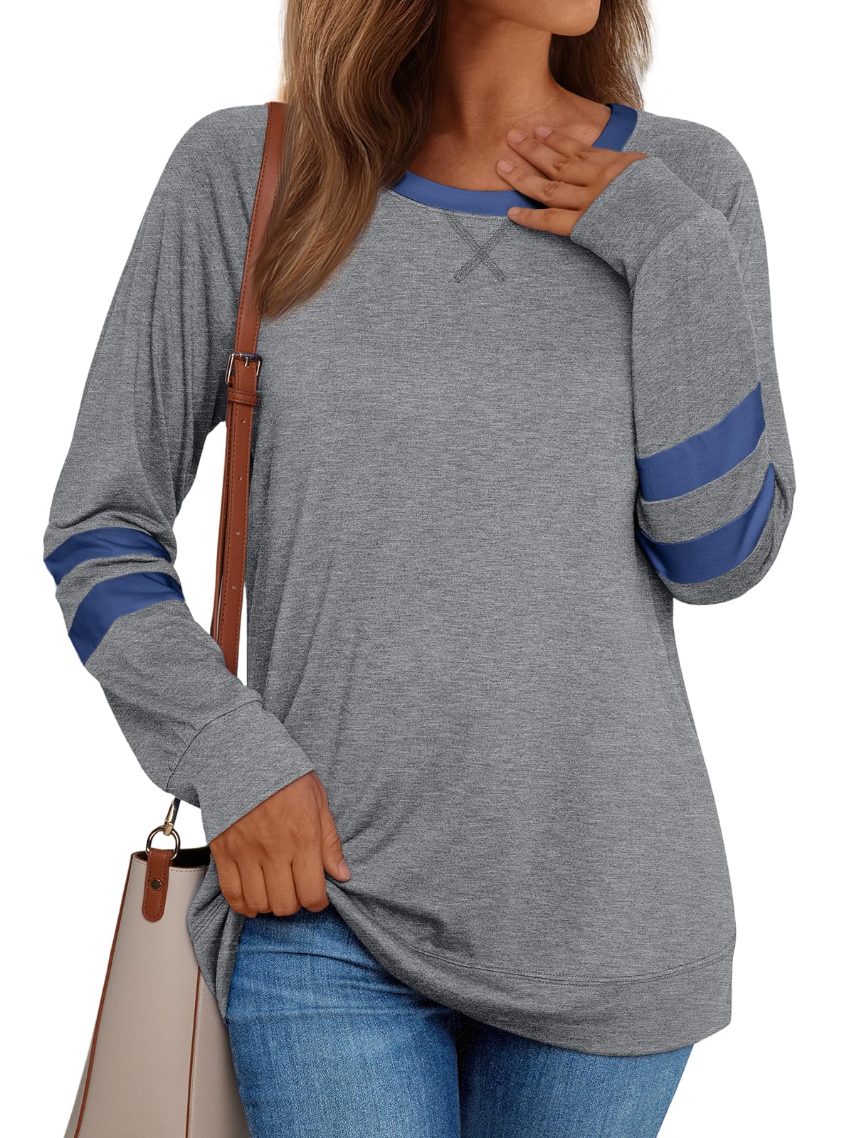 AUTOMET Womens Long Sleeve Shirts Color Block Casual Crewneck Tops Tshirt Basic Tees Fall Fashion Clothes Trendy Outfits