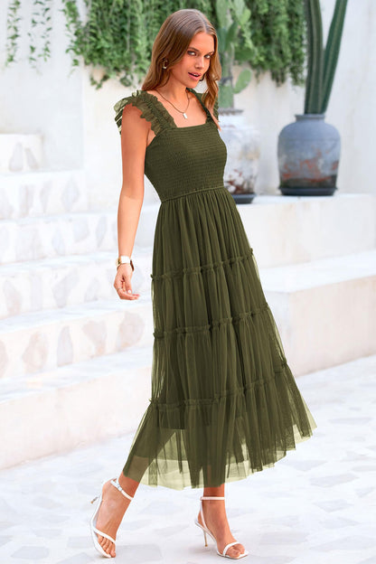 PRETTYGARDEN Women's 2024 Summer Midi Dress Casual Sleeveless Smocked Ruffle Tulle Flowy Party Wedding Guest Sundress
