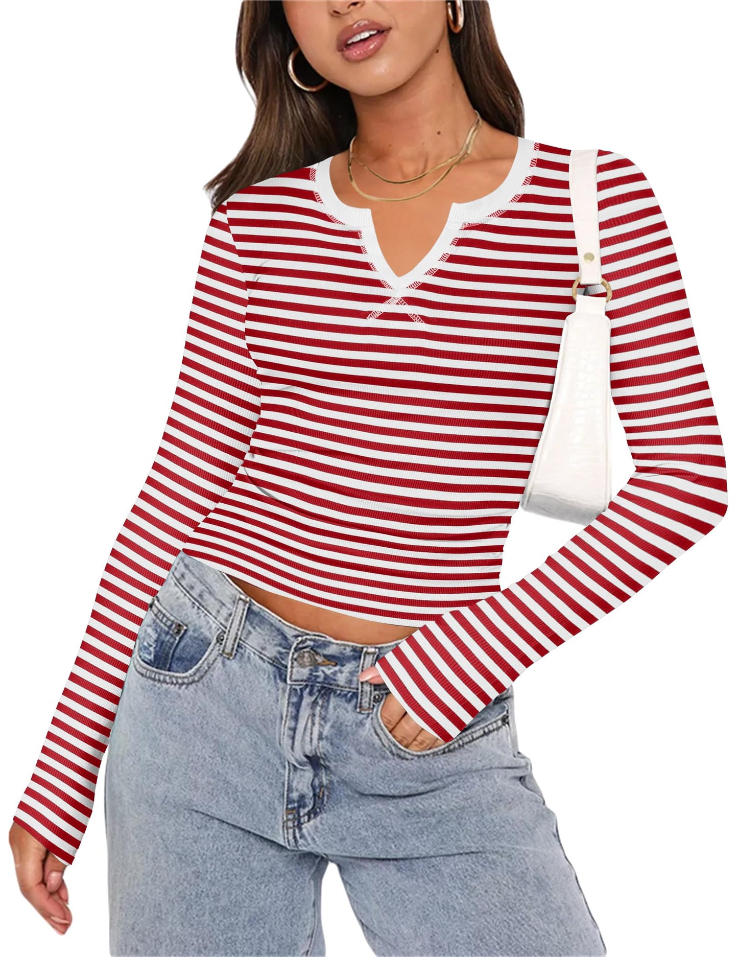 Zeagoo Womens Long Sleeve Shirts V-Neck Slim Fitted Knit Top Stretch Ribbed Basic Tee Casual Y2k Going Out T-Shirt