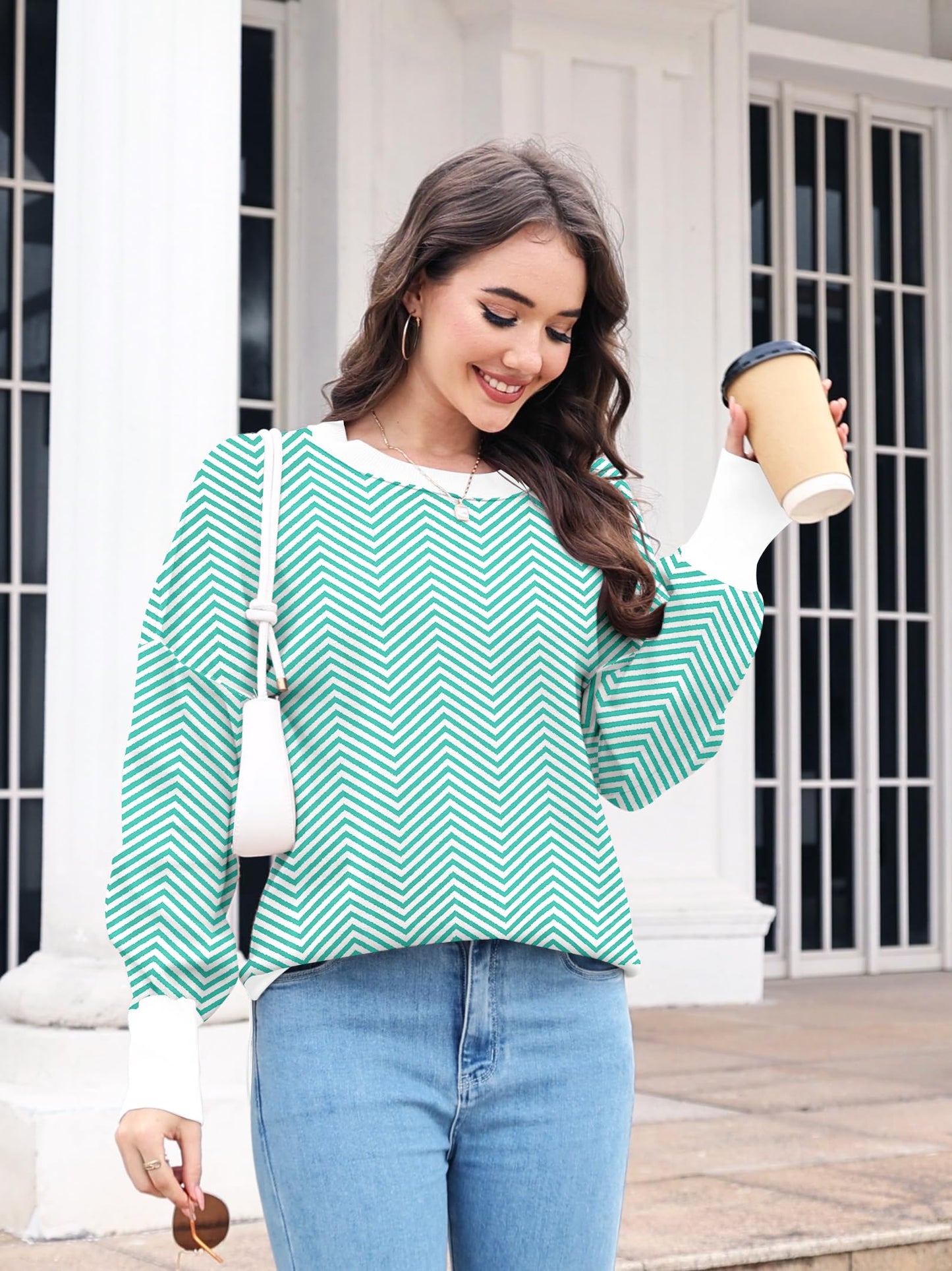 ETCYY Womens Oversized Sweaters Fall 2024 Fashion Clothes Trendy Batwing Sleeve Colorblock Striped Knit Pullover Sweater Tops